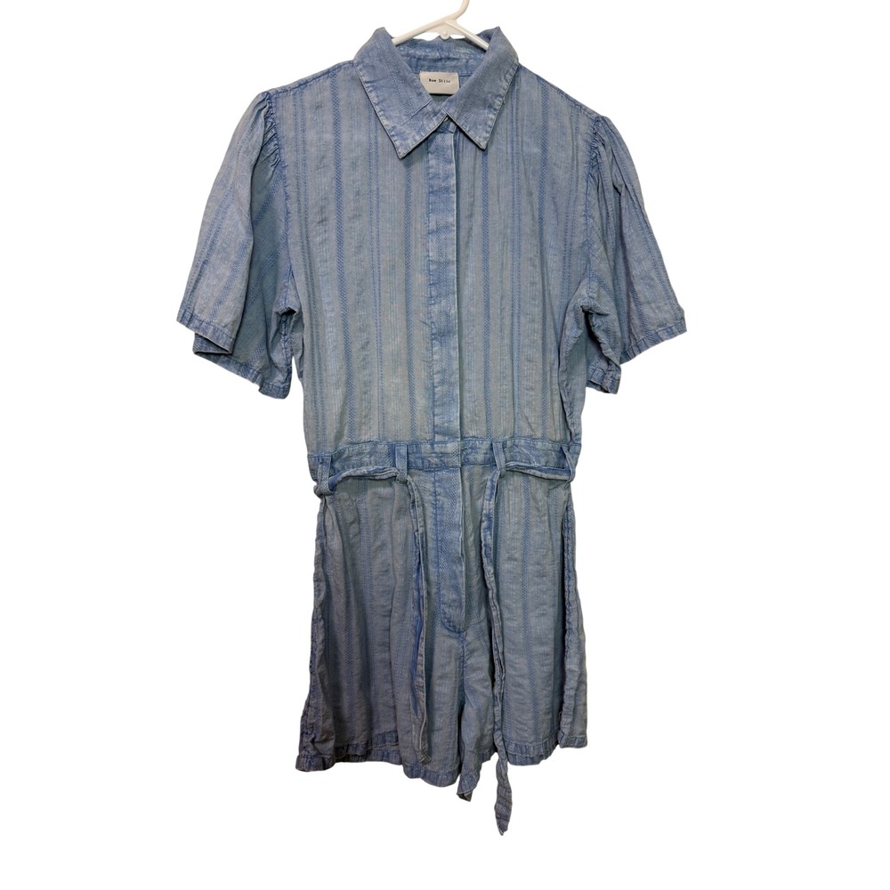 Rue Stiic Light Blue Embroidered Stripe Cotton Button Front Romper with Belt